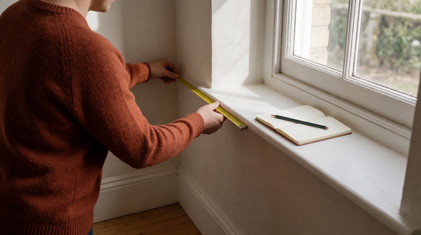 Person measuring a wall by a window with a tape measure before buying a desk