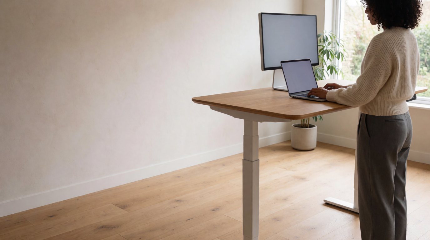 Woman working at a raised oak electric standing desk in a bright home office