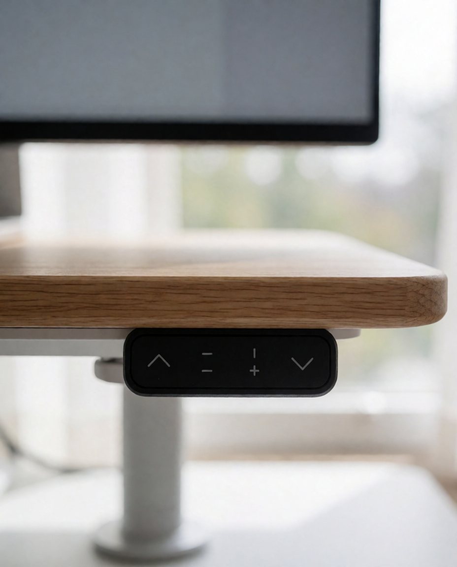 Control keypad with up and down buttons under an oak standing desk top