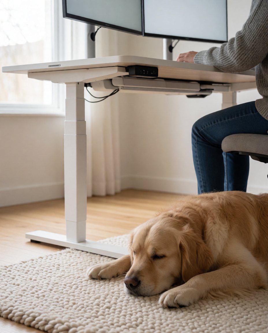 Golden retriever asleep on a rug beside a white standing desk while its owner works